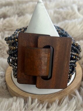 Boho Wood Buckle Beaded Wrap Bracelet in Brown and Gold